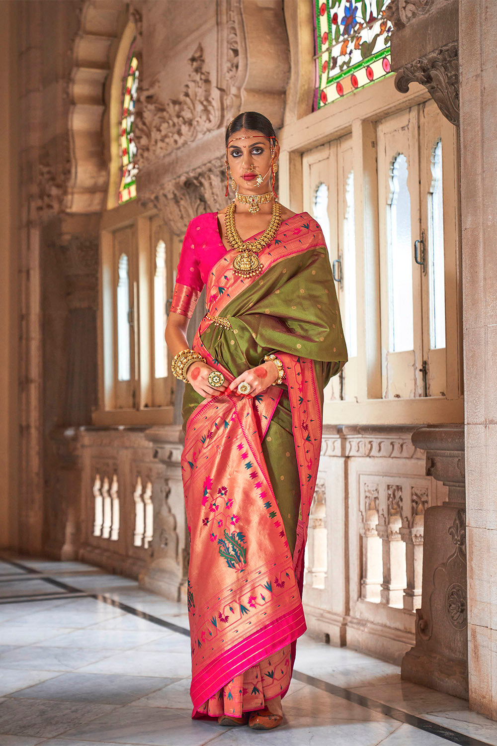 Olive Green & Pink Border Paithani Saree with Hot Pink Fancy Blouse