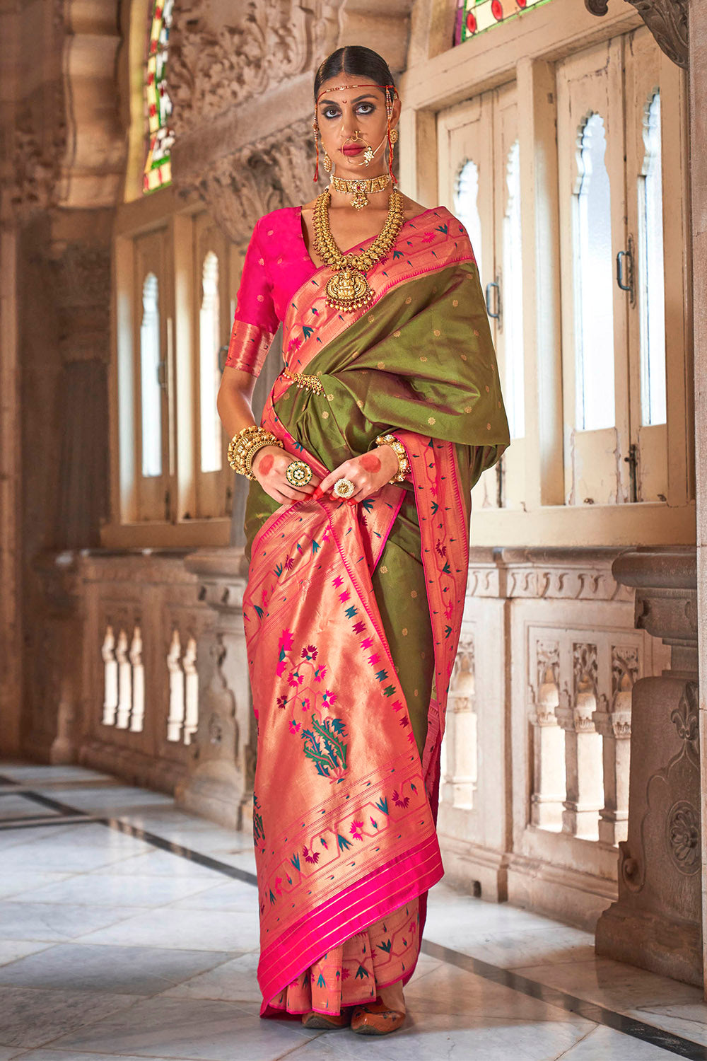 Olive Green & Pink Border Paithani Saree with Hot Pink Fancy Blouse