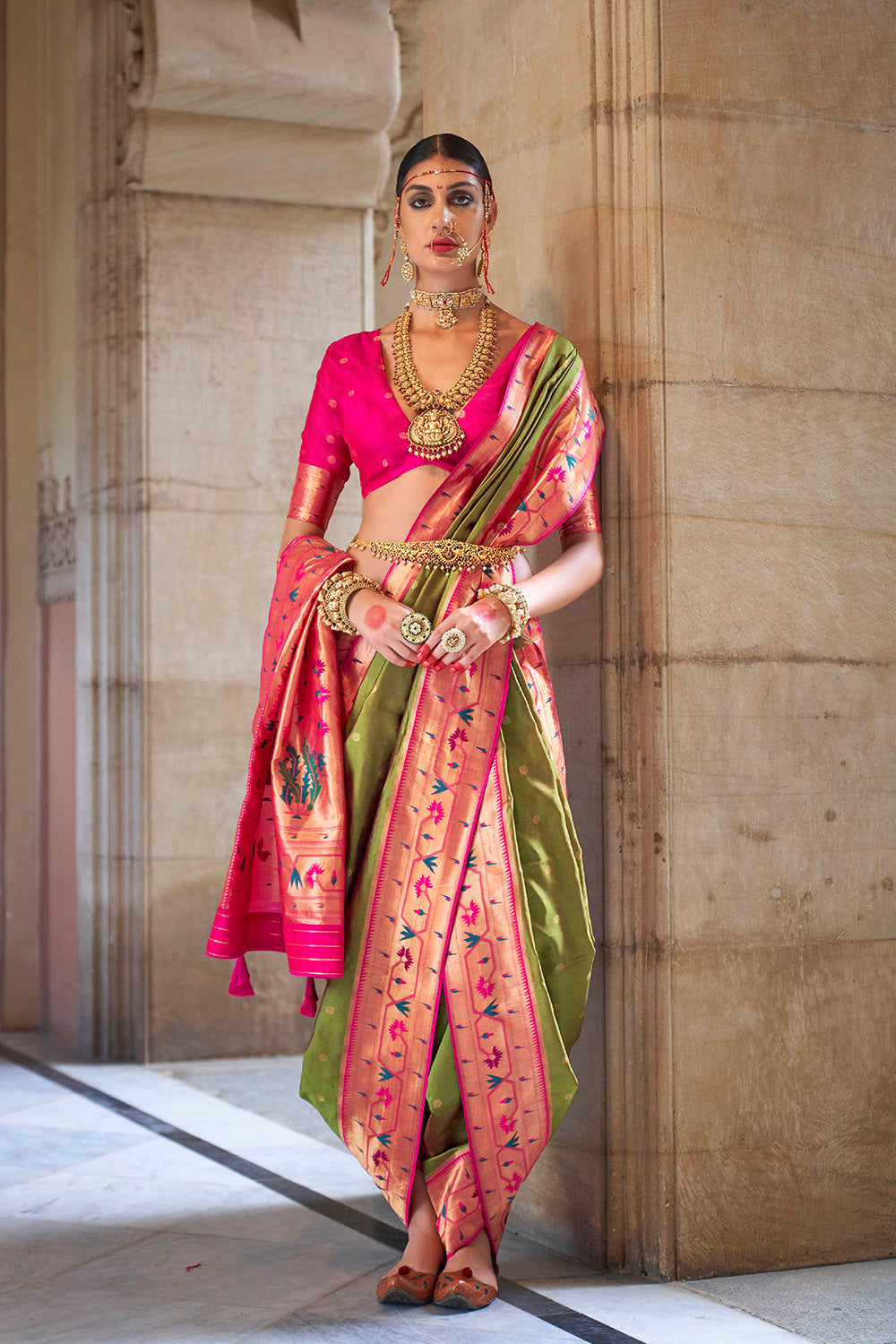 Olive Green & Pink Border Paithani Saree with Hot Pink Fancy Blouse