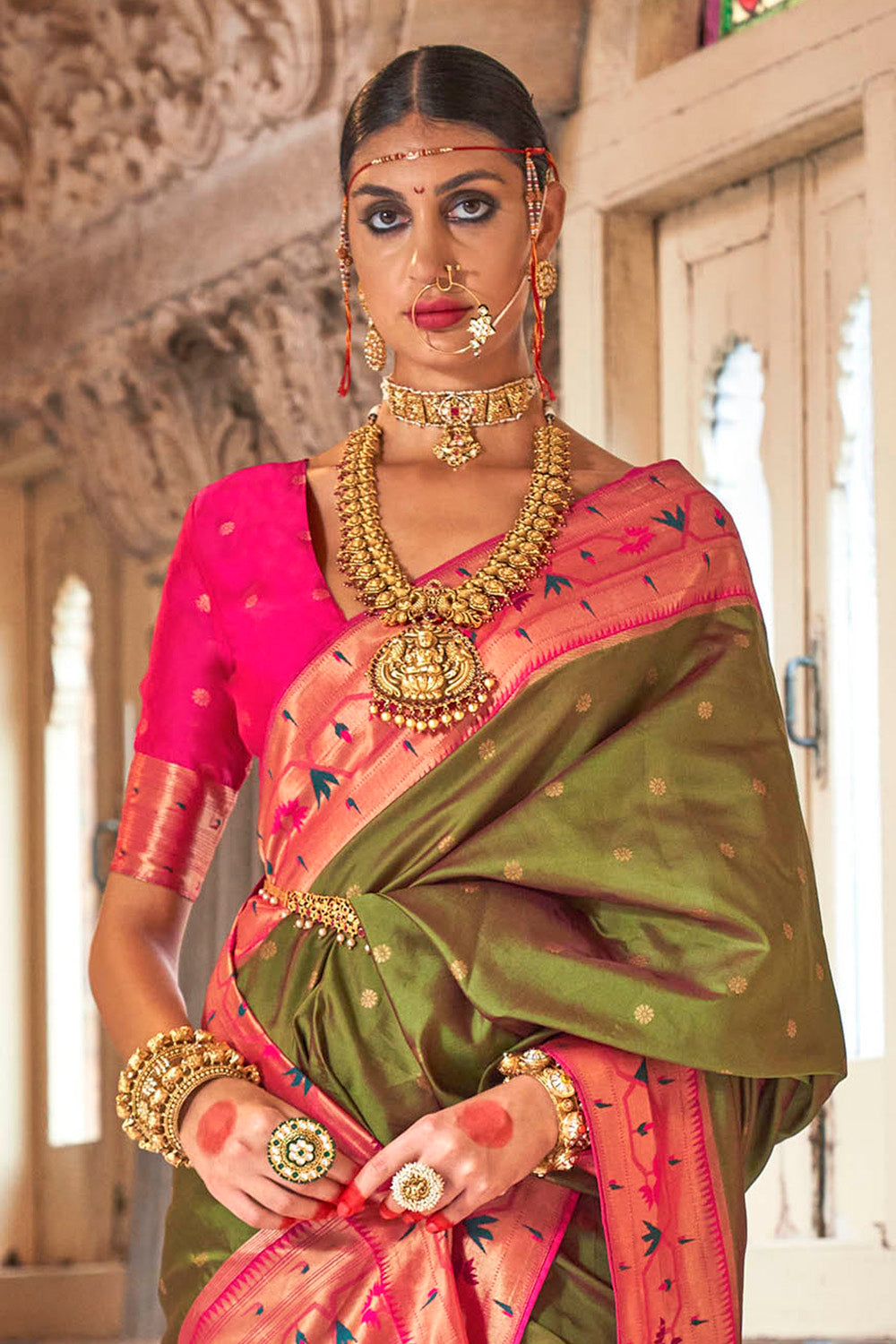 Olive Green & Pink Border Paithani Saree with Hot Pink Fancy Blouse
