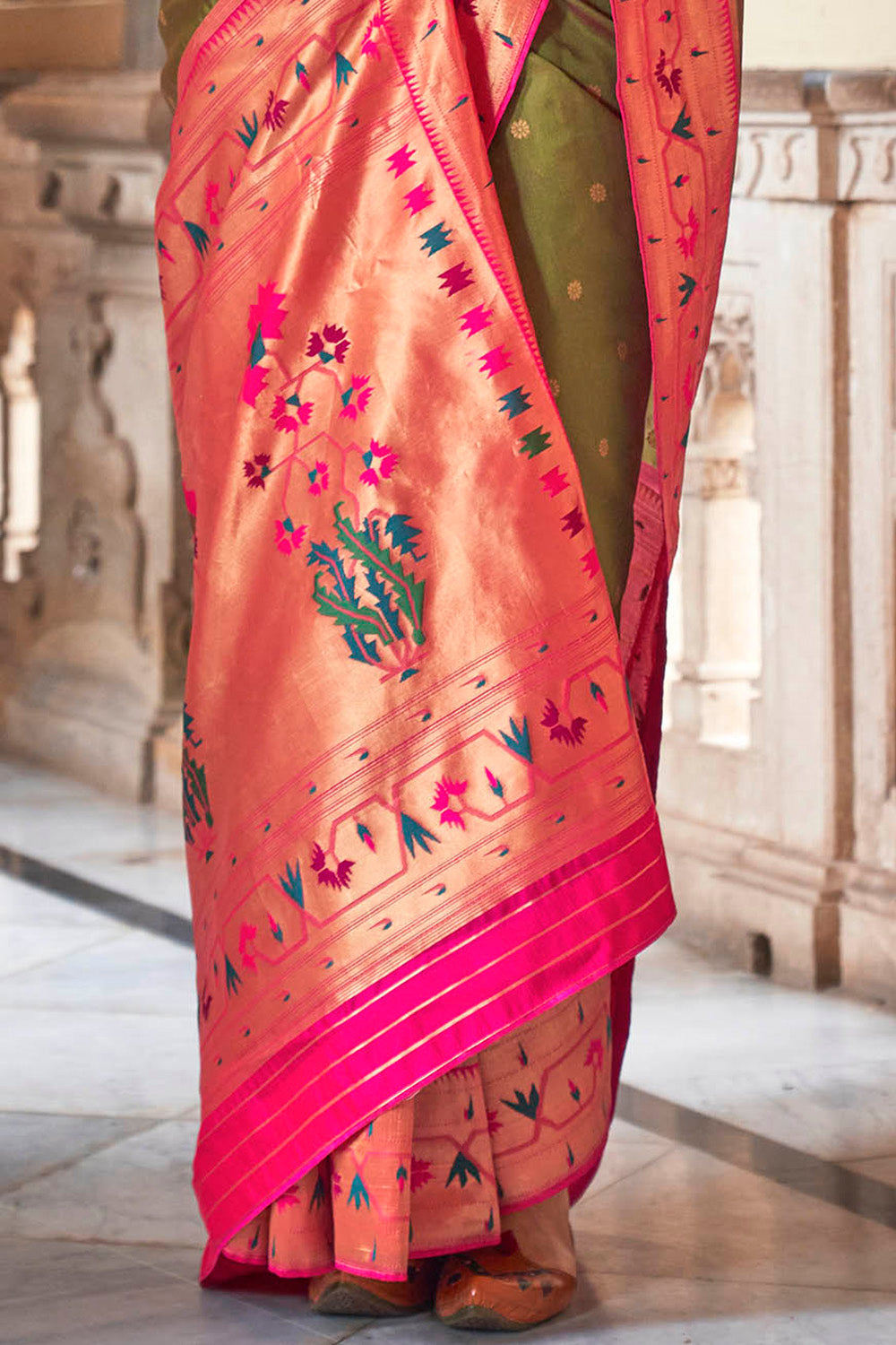 Olive Green & Pink Border Paithani Saree with Hot Pink Fancy Blouse