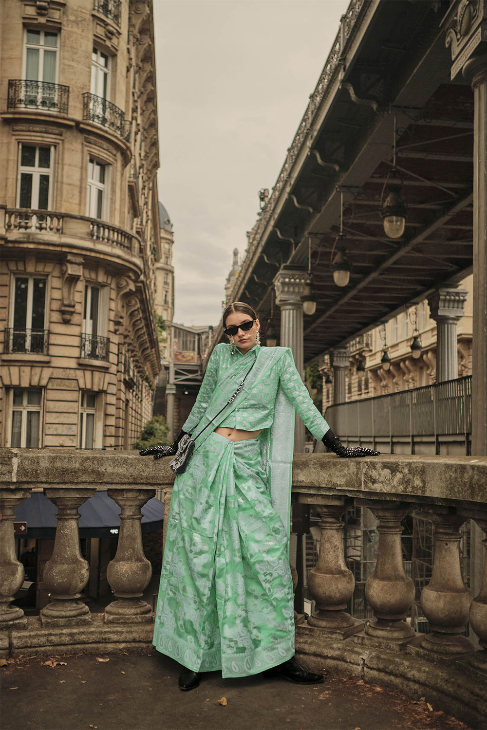 Powder Green & White Design Lucknowi Chikan Kari Saree with Designer Blouse