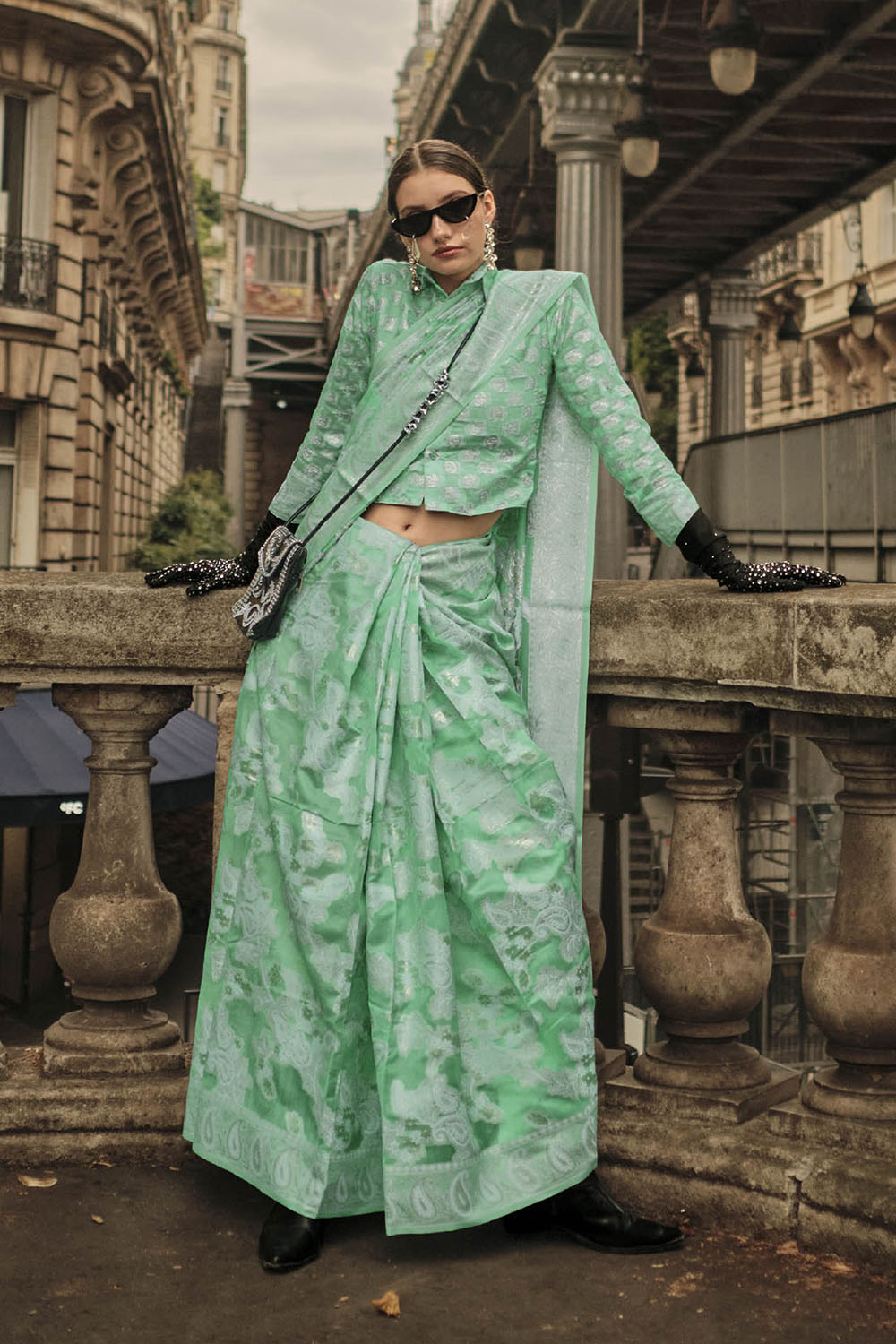 Powder Green & White Design Lucknowi Chikan Kari Saree with Designer Blouse