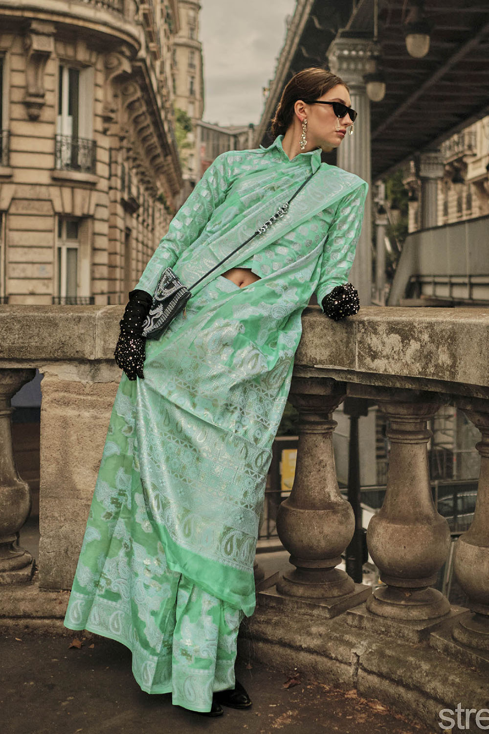 Powder Green & White Design Lucknowi Chikan Kari Saree with Designer Blouse