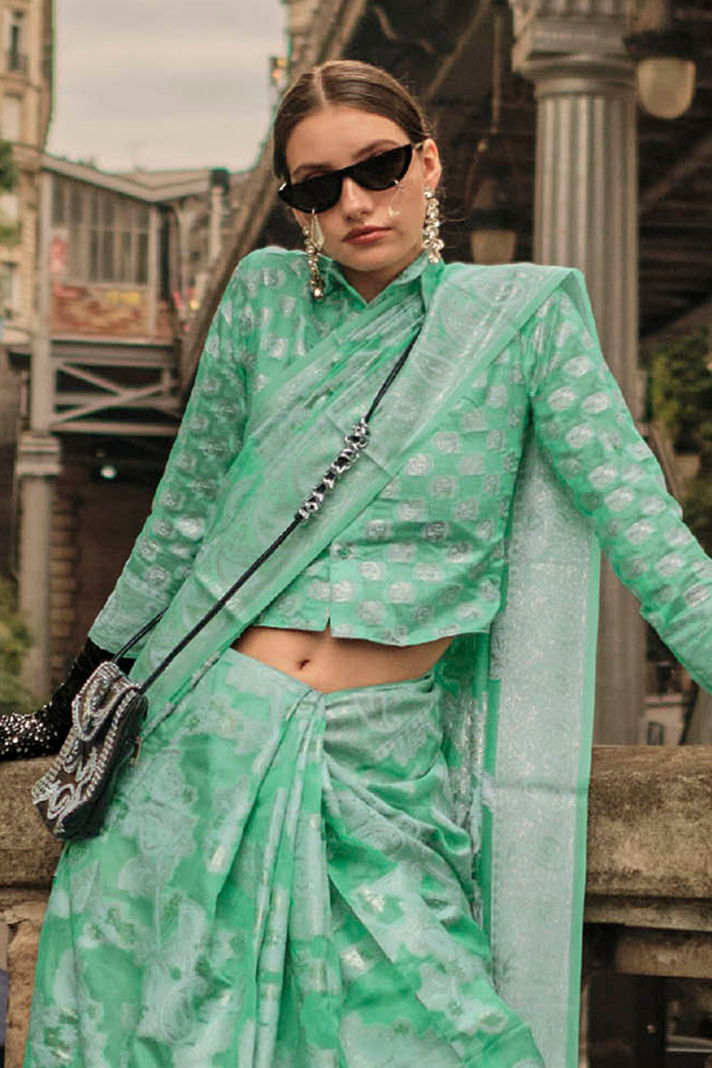Powder Green & White Design Lucknowi Chikan Kari Saree with Designer Blouse