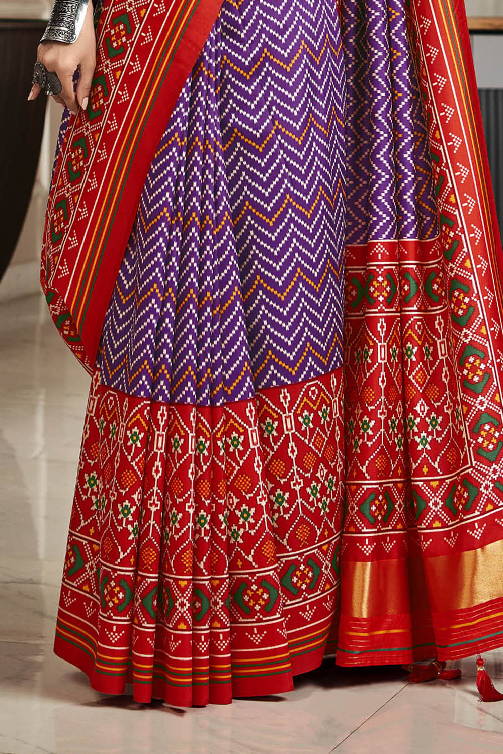 Purple & Ferrari Red Leheriya Style Patola Saree with Fancy Red Blouse