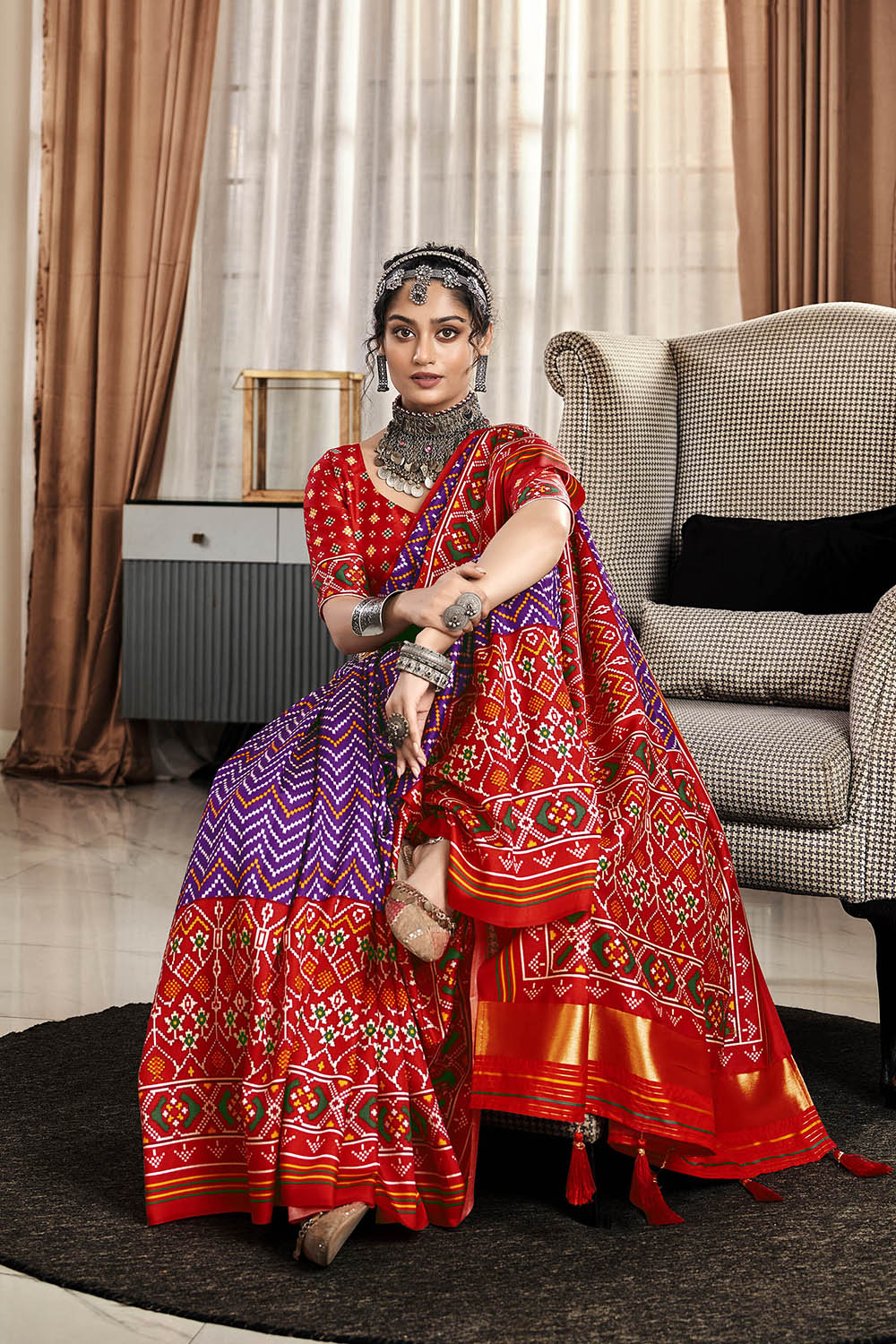 Purple & Ferrari Red Leheriya Style Patola Saree with Fancy Red Blouse