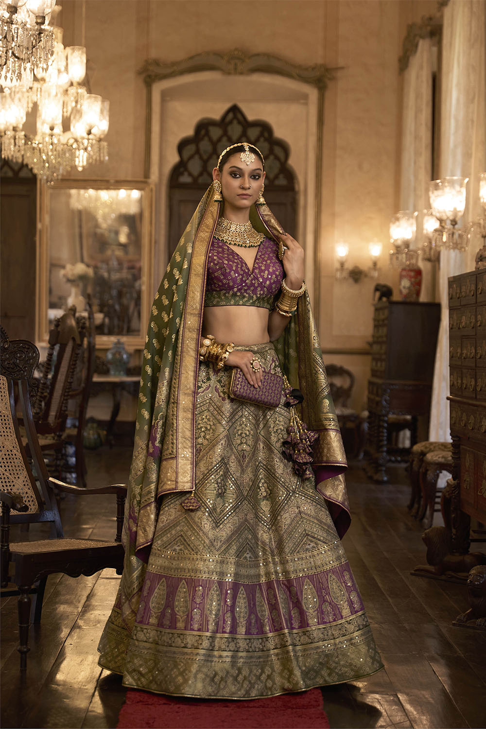 Plum Purple & Green Shade Bridal Designer Lahenga Choli with Heavy Dupatta and Blouse