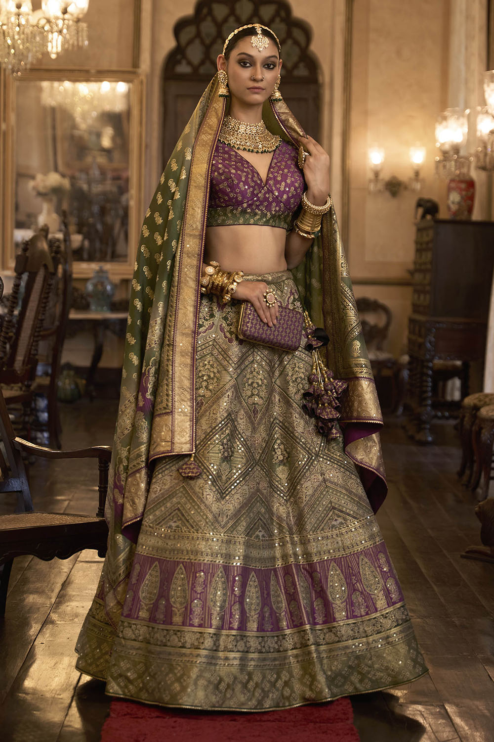 Plum Purple & Green Shade Bridal Designer Lahenga Choli with Heavy Dupatta and Blouse