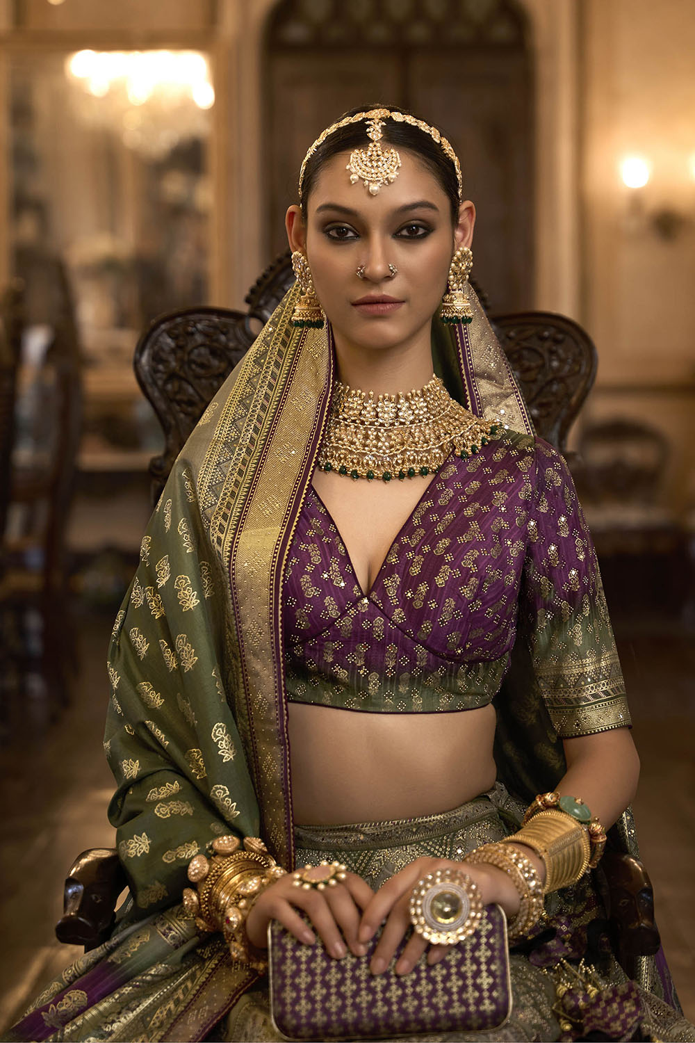 Plum Purple & Green Shade Bridal Designer Lahenga Choli with Heavy Dupatta and Blouse