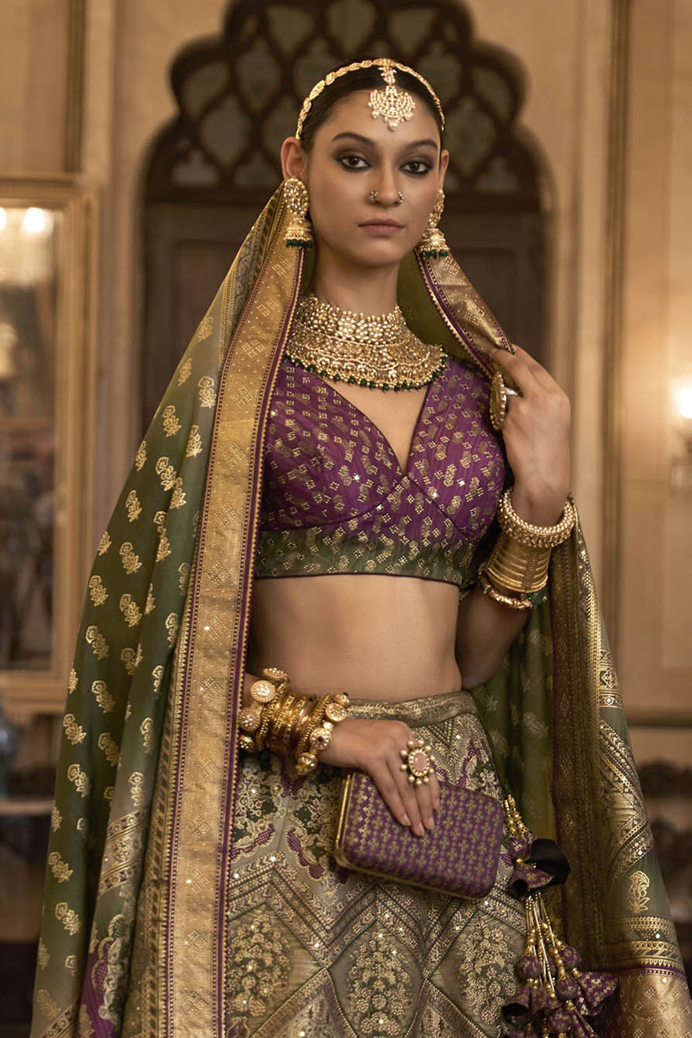 Plum Purple & Green Shade Bridal Designer Lahenga Choli with Heavy Dupatta and Blouse