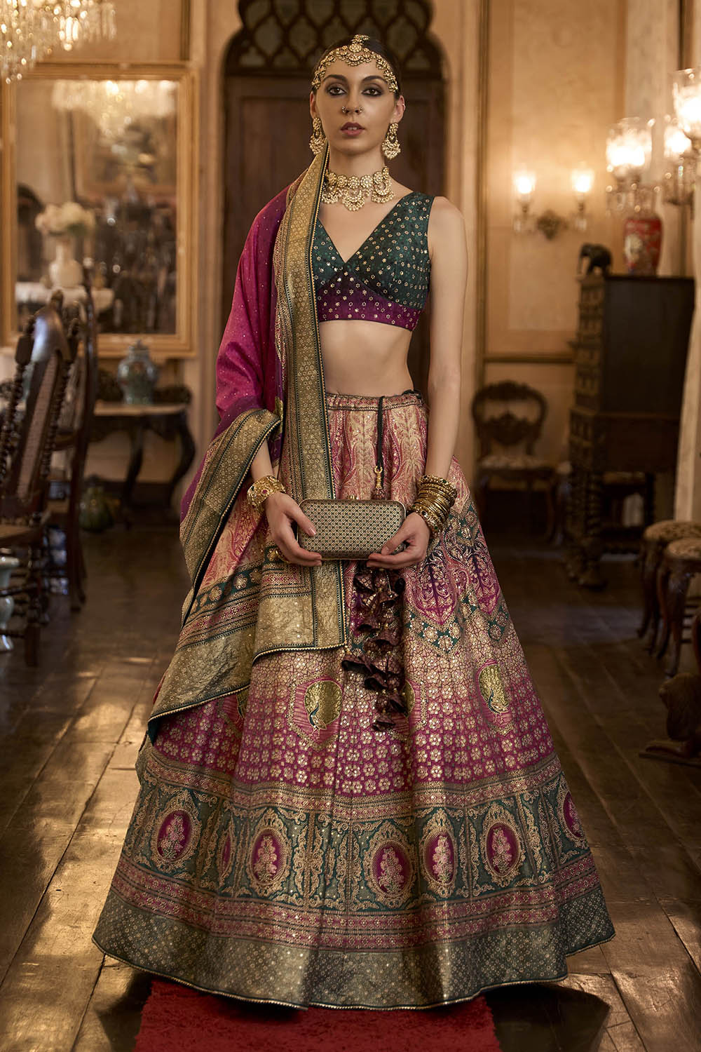 Magenta Pink & Green Shade Designer Lahenga Choli with Sleeve Less Fancy Blouse