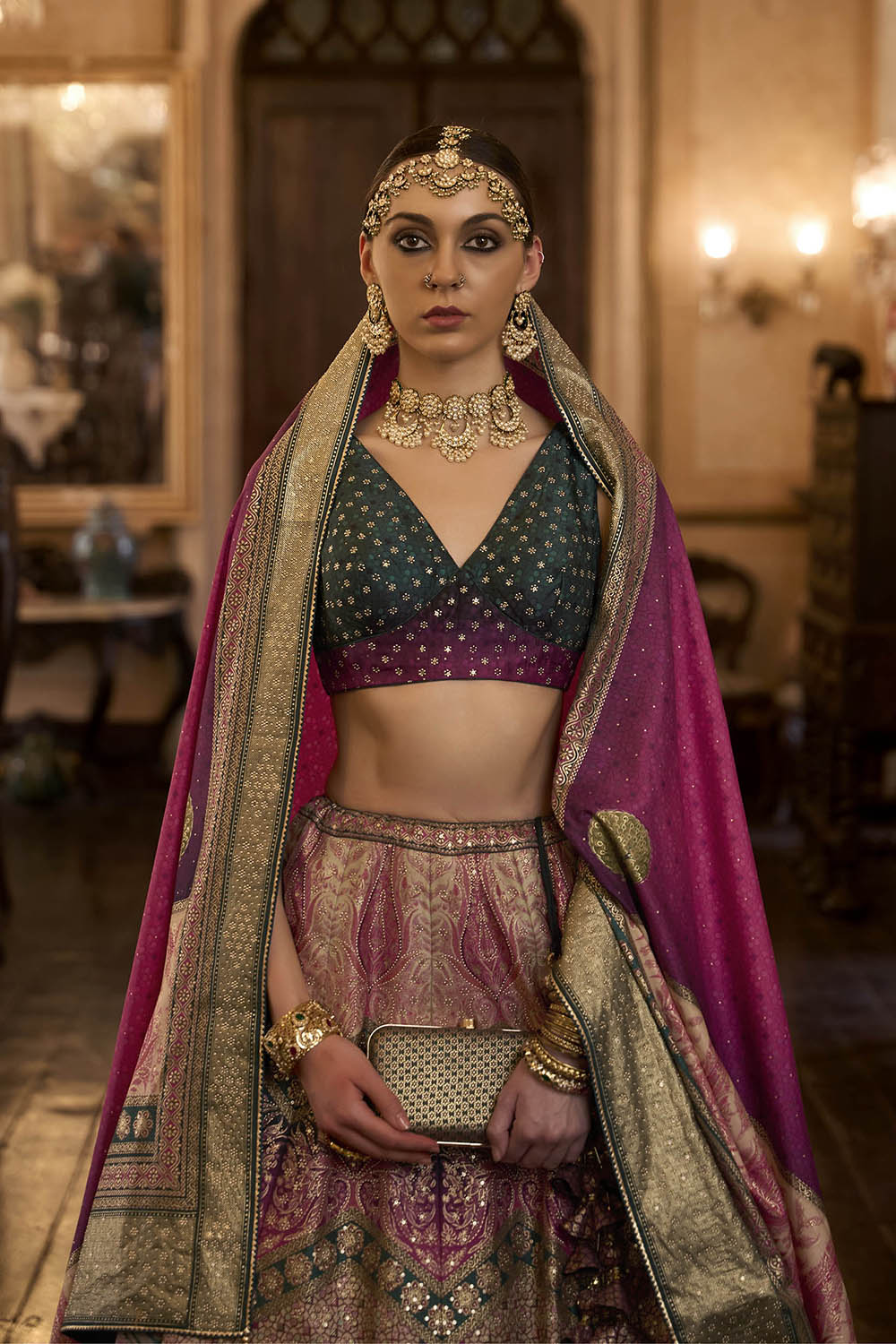 Magenta Pink & Green Shade Designer Lahenga Choli with Sleeve Less Fancy Blouse