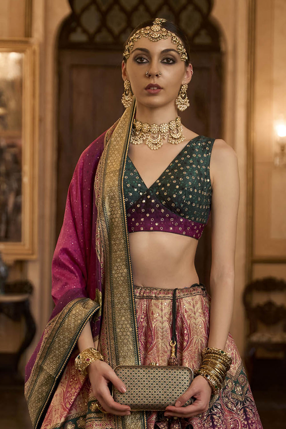 Magenta Pink & Green Shade Designer Lahenga Choli with Sleeve Less Fancy Blouse