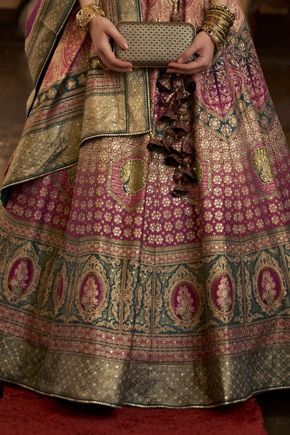 Magenta Pink & Green Shade Designer Lahenga Choli with Sleeve Less Fancy Blouse