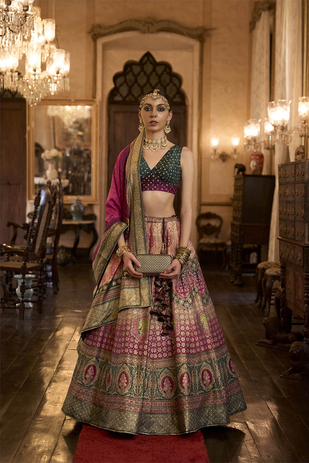 Magenta Pink & Green Shade Designer Lahenga Choli with Sleeve Less Fancy Blouse