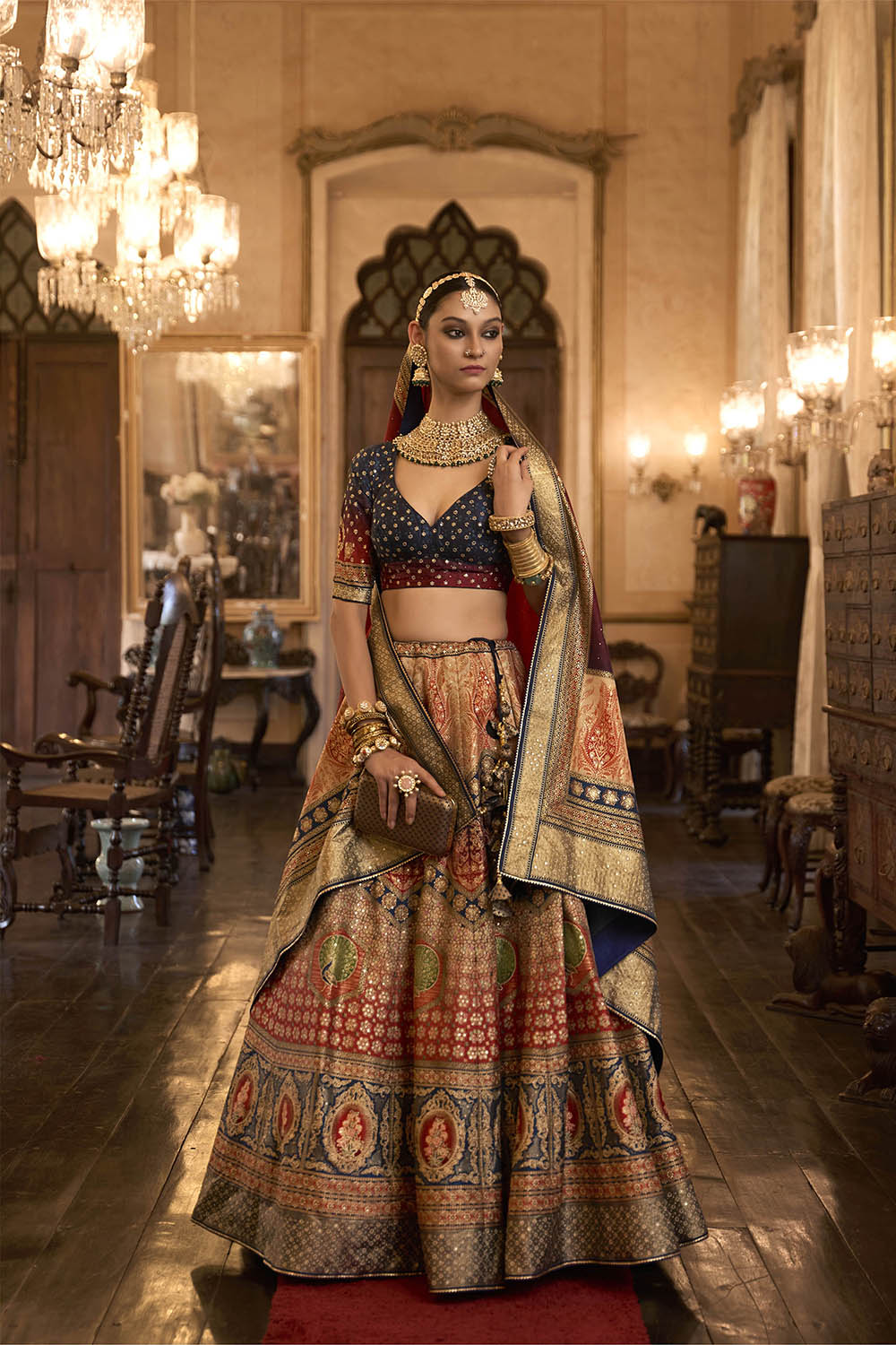 Orange & Blue Shade Bridal Lahenga Choli with Heavy Dupatta and Blue Pretty Blouse