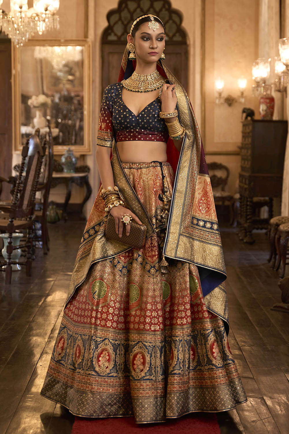 Orange & Blue Shade Bridal Lahenga Choli with Heavy Dupatta and Blue Pretty Blouse