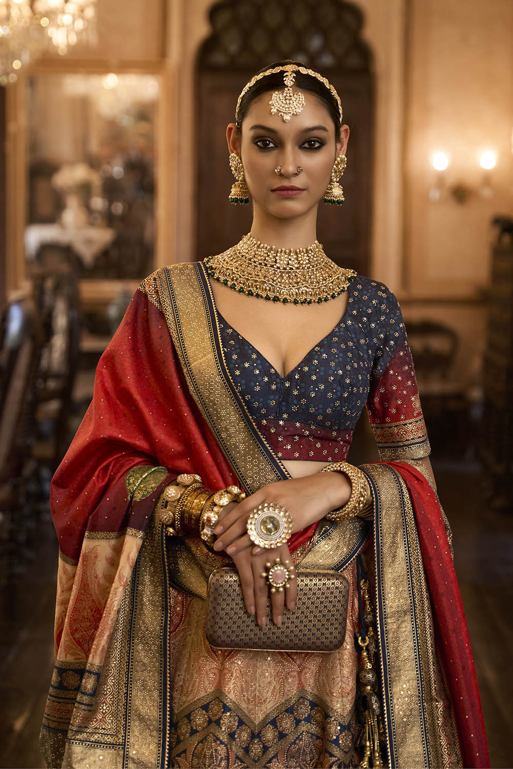 Orange & Blue Shade Bridal Lahenga Choli with Heavy Dupatta and Blue Pretty Blouse