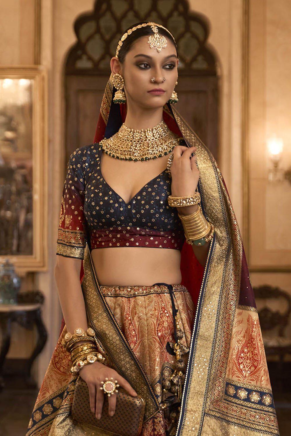 Orange & Blue Shade Bridal Lahenga Choli with Heavy Dupatta and Blue Pretty Blouse