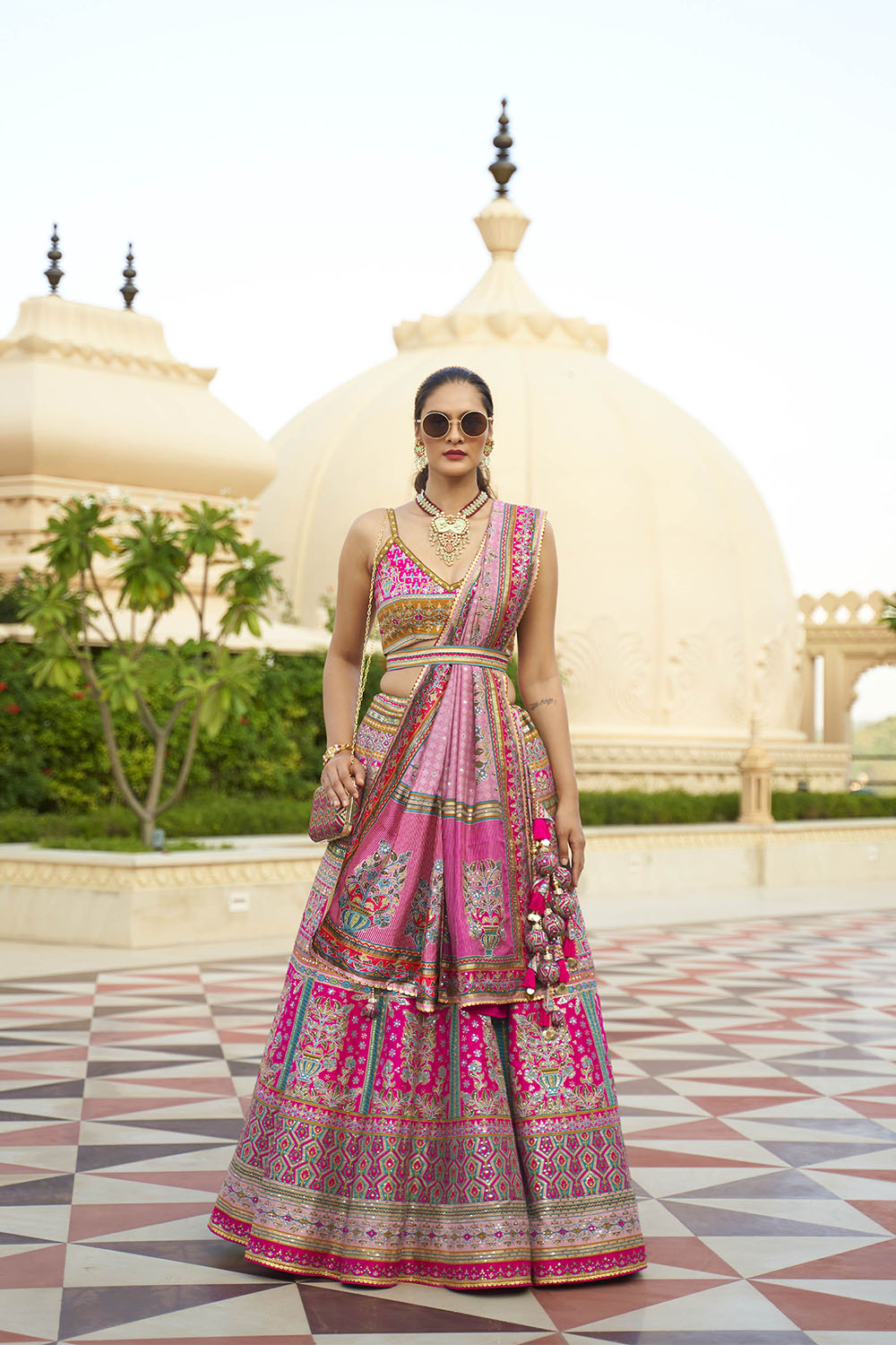 Hot Pink & Blue Design Heavy Lahenga Choli For Women with Sleeve Less Blouse
