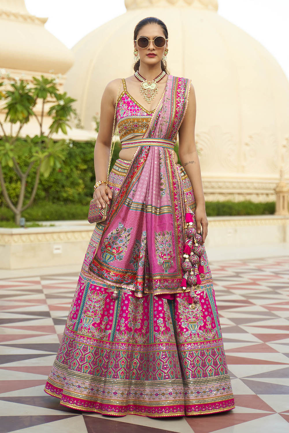 Hot Pink & Blue Design Heavy Lahenga Choli For Women with Sleeve Less Blouse