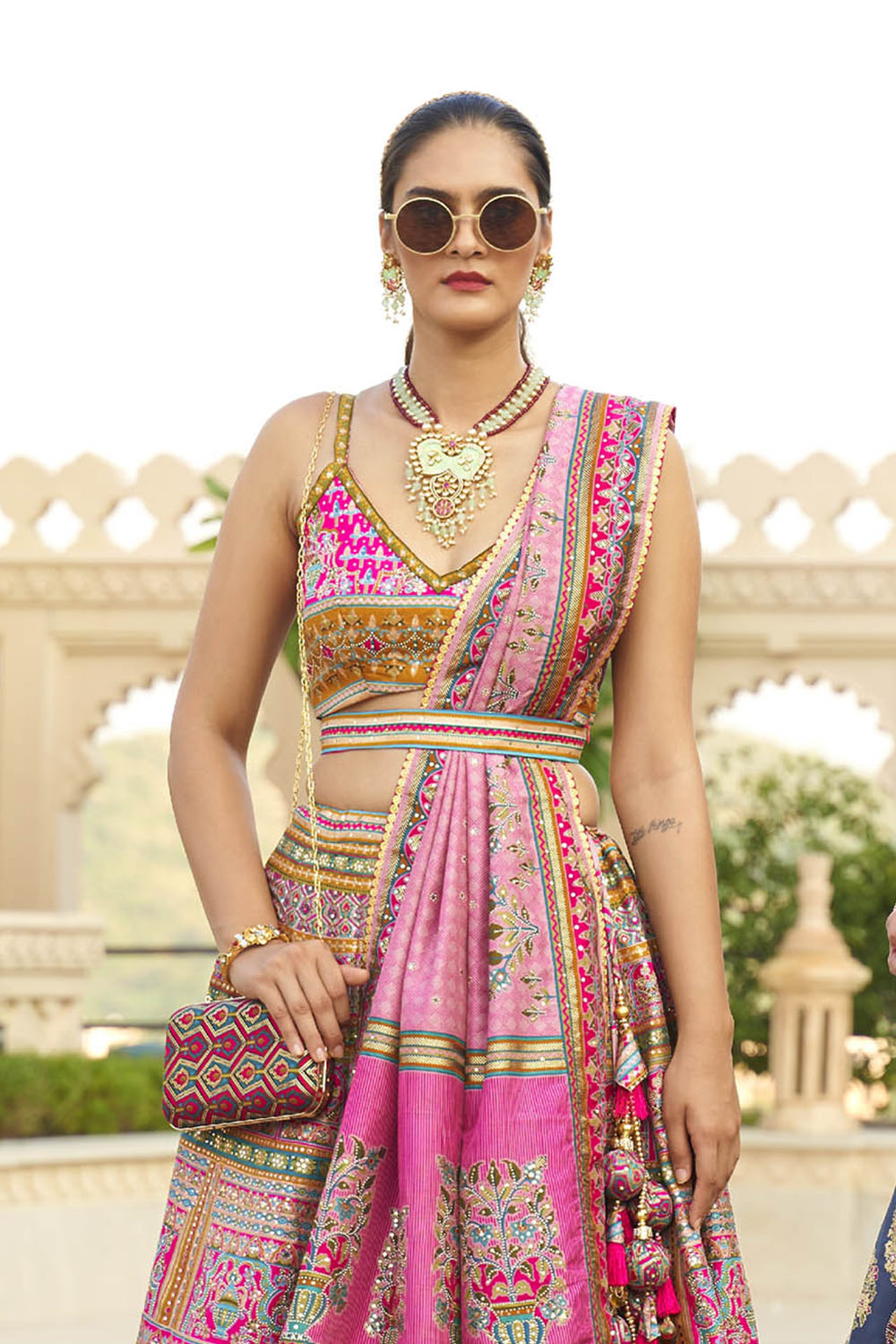 Hot Pink & Blue Design Heavy Lahenga Choli For Women with Sleeve Less Blouse
