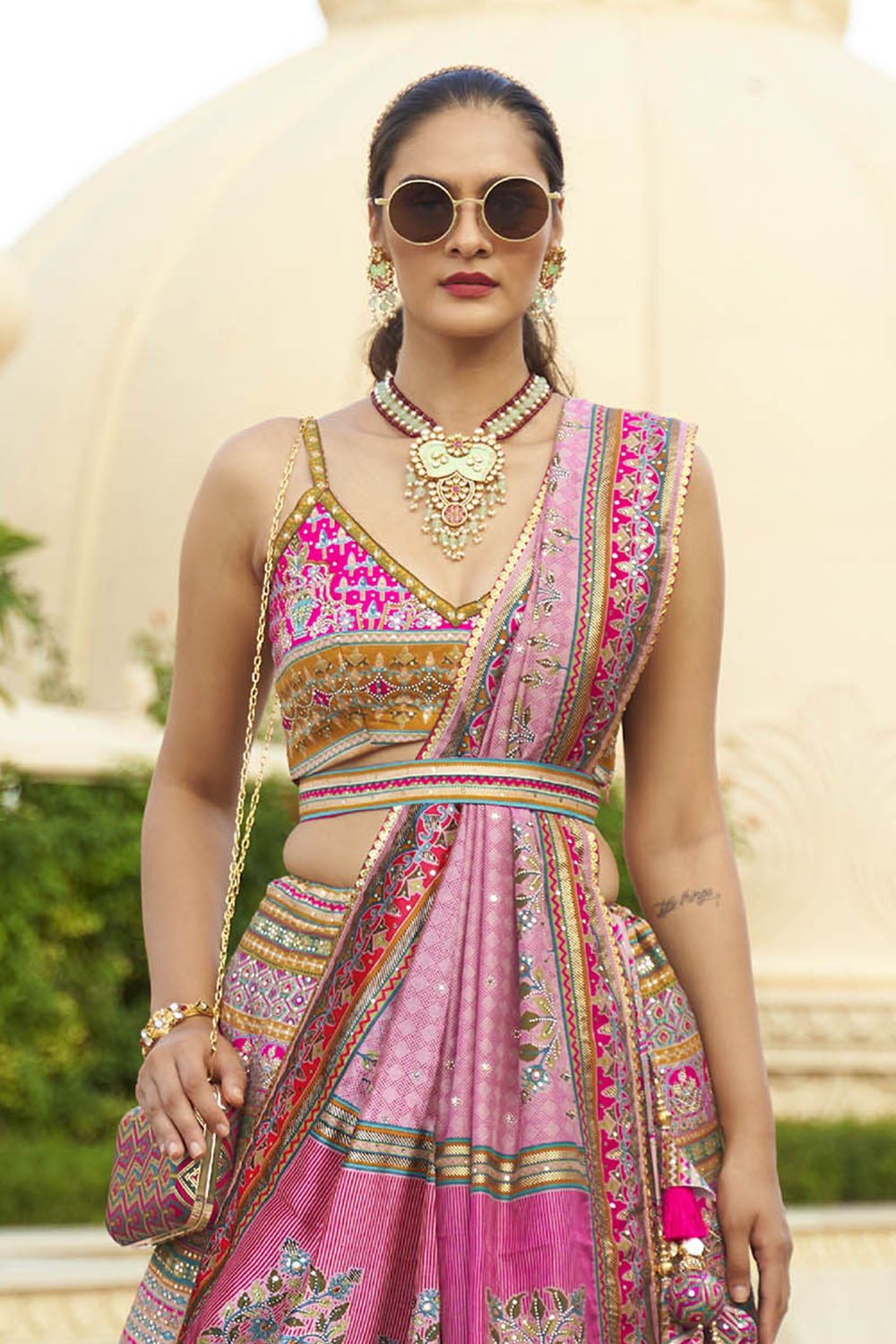 Hot Pink & Blue Design Heavy Lahenga Choli For Women with Sleeve Less Blouse