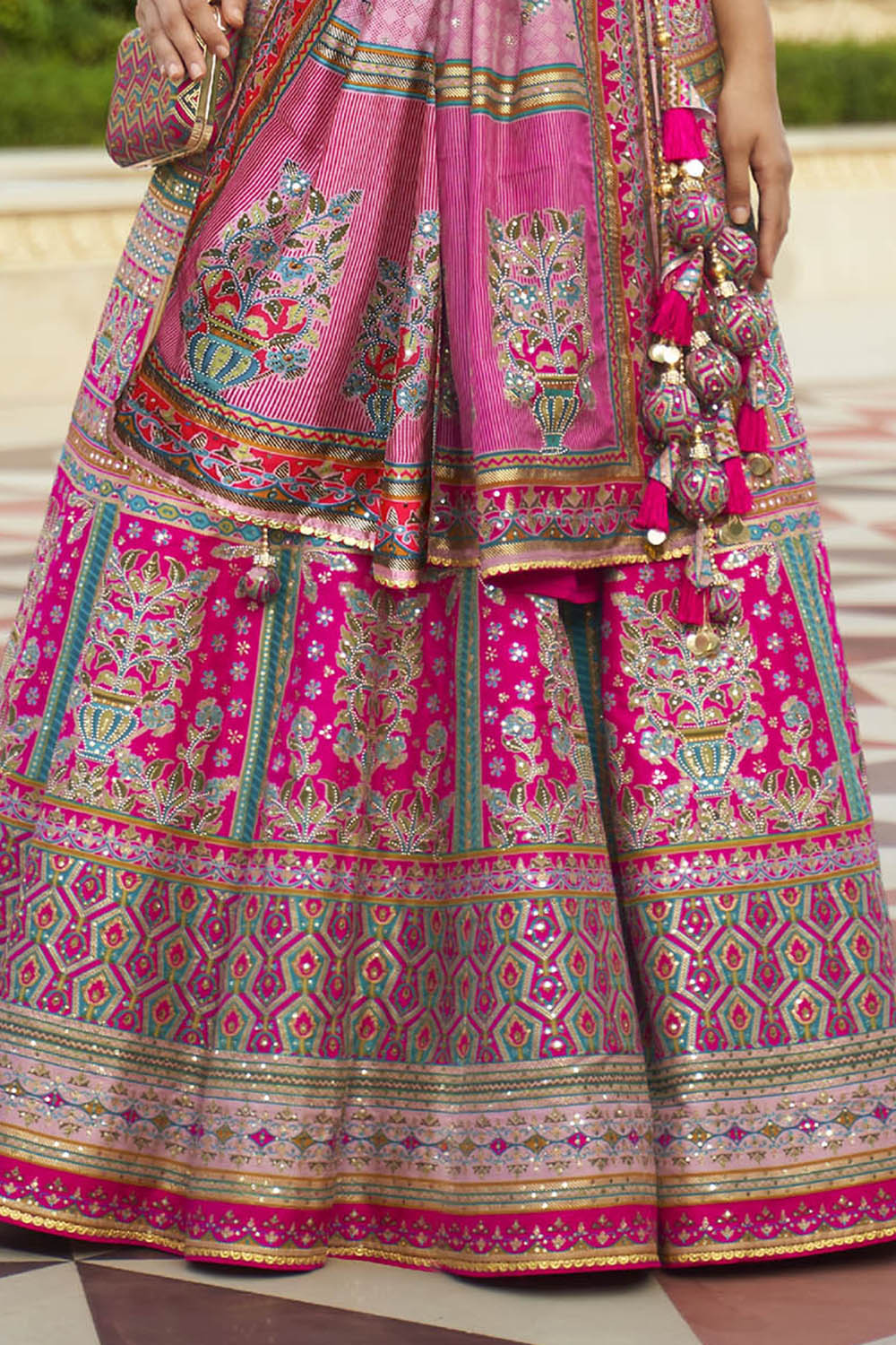 Hot Pink & Blue Design Heavy Lahenga Choli For Women with Sleeve Less Blouse