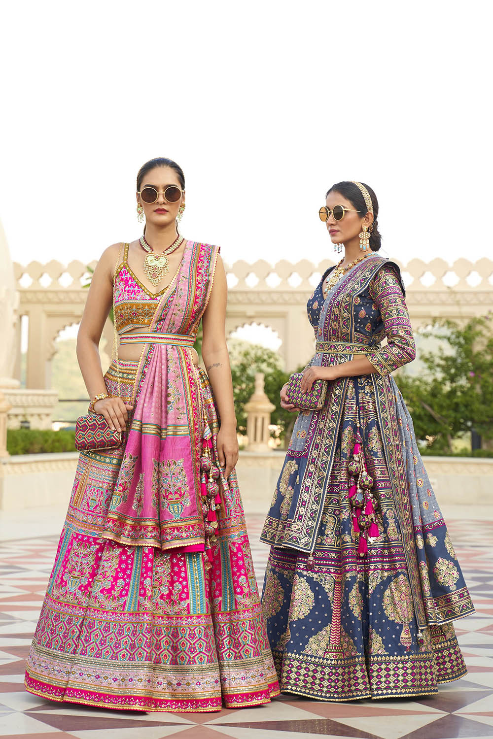 Hot Pink & Blue Design Heavy Lahenga Choli For Women with Sleeve Less Blouse