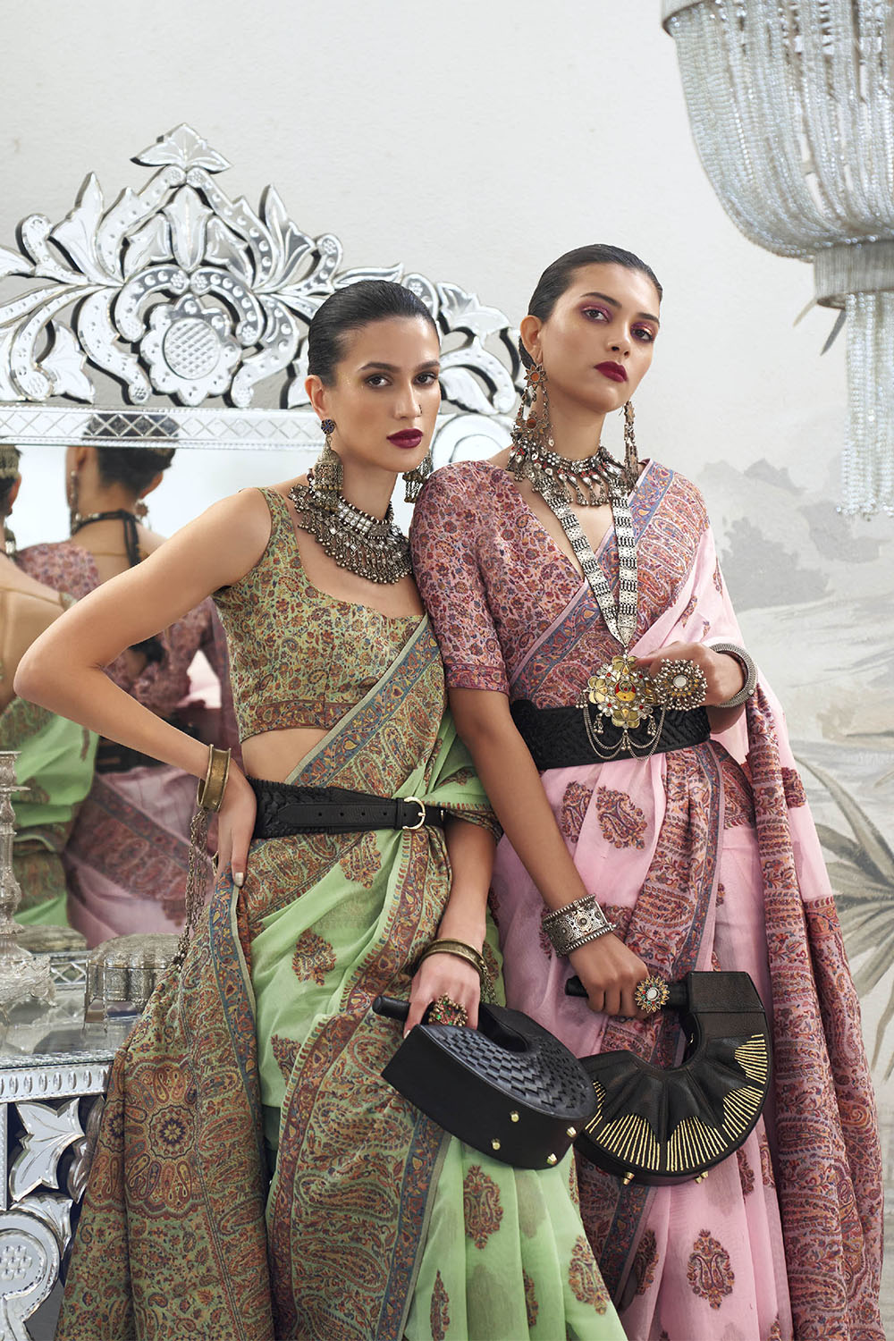 Baby Pink & Multi-colored Border Kashmiri Saree with Fancy Blouse