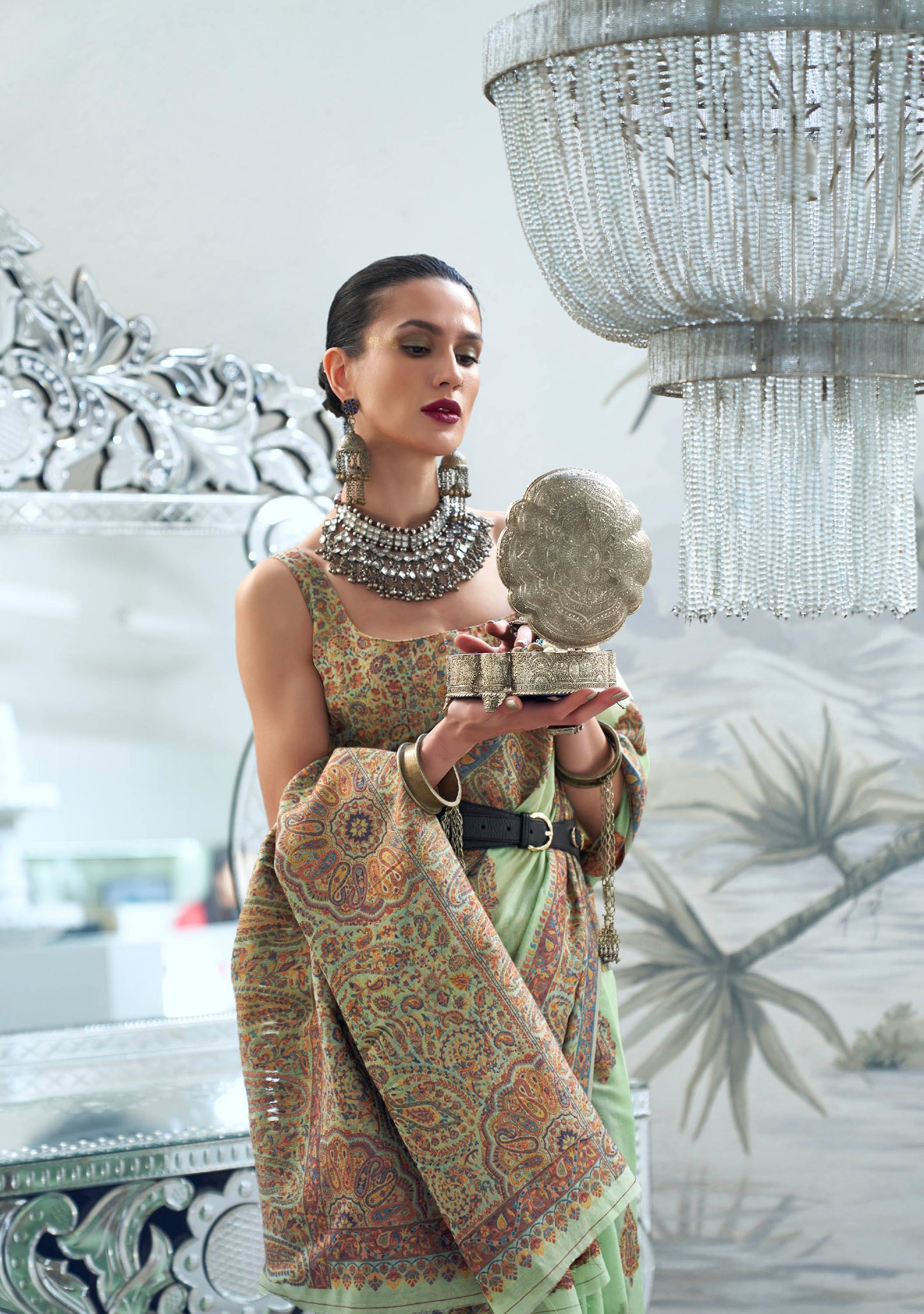 Mint Green & Floral Design Kashmiri Kani Saree with Beautiful Designer Blouse