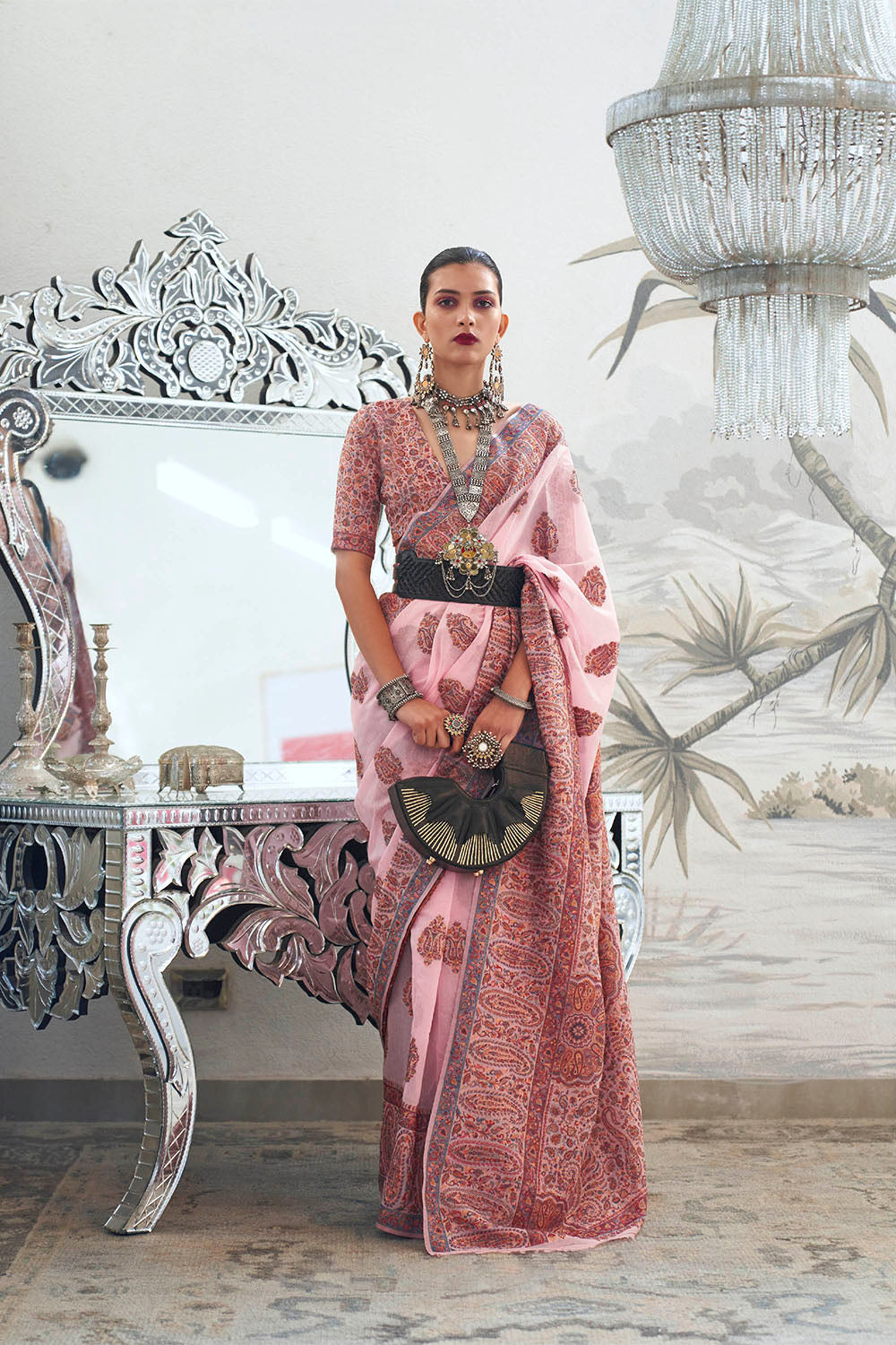 Baby Pink & Multi-colored Border Kashmiri Saree with Fancy Blouse
