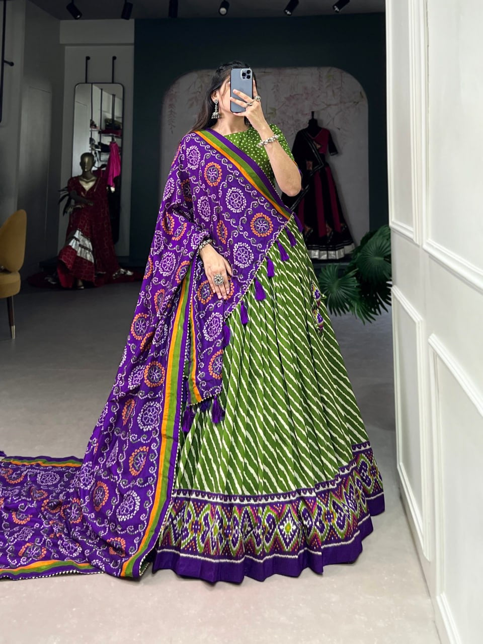 Green & Purple Leheriya Style Lehengas with Blouse and Dupatta
