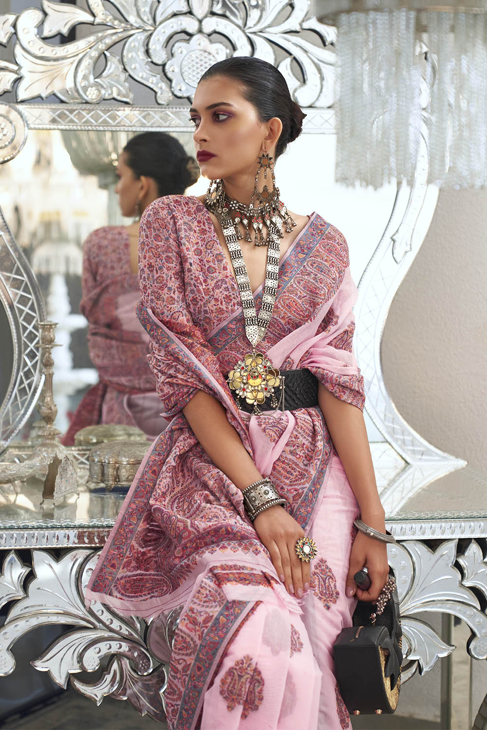 Baby Pink & Multi-colored Border Kashmiri Saree with Fancy Blouse