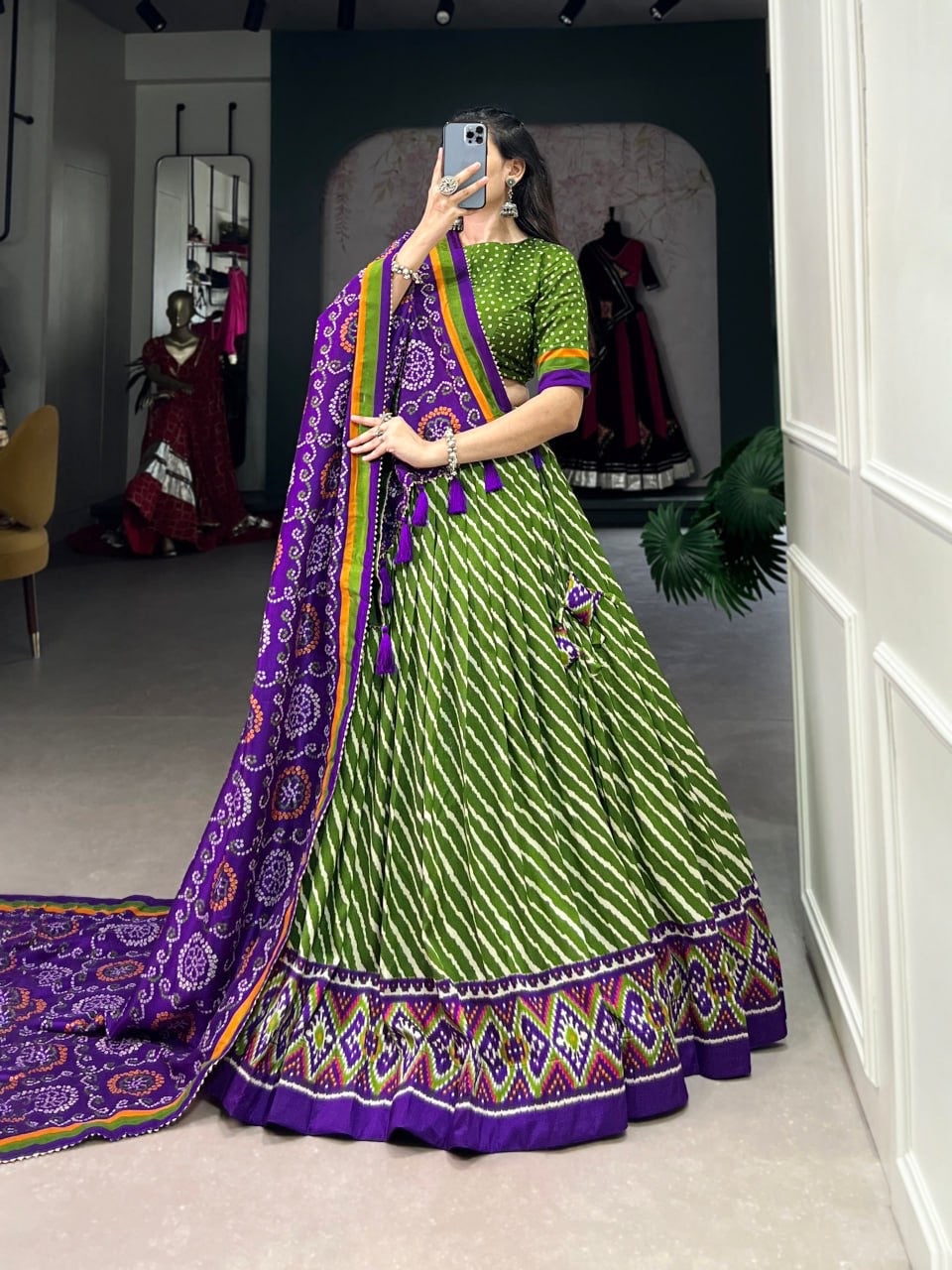 Green & Purple Leheriya Style Lehengas with Blouse and Dupatta