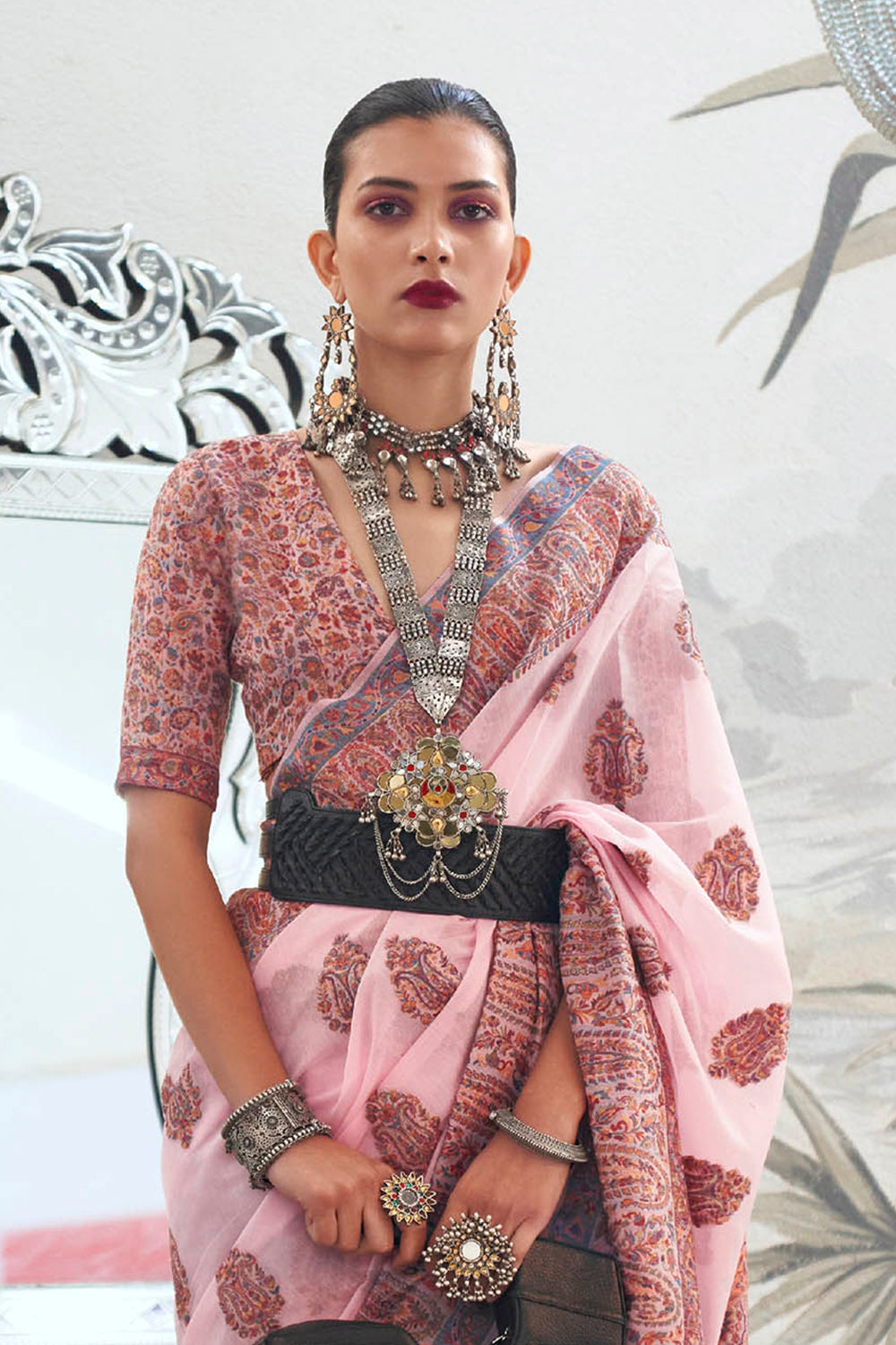 Baby Pink & Multi-colored Border Kashmiri Saree with Fancy Blouse