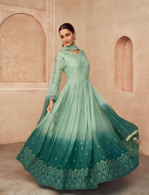 Sky Blue & Pine Green Shade Embroidery Neck Anarkali Dress with Designer Dupatta