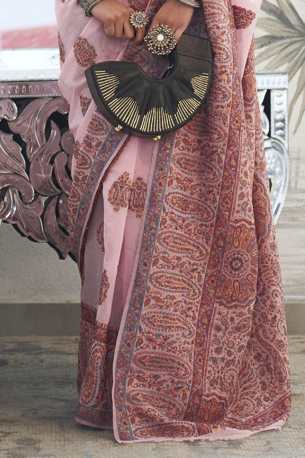 Baby Pink & Multi-colored Border Kashmiri Saree with Fancy Blouse