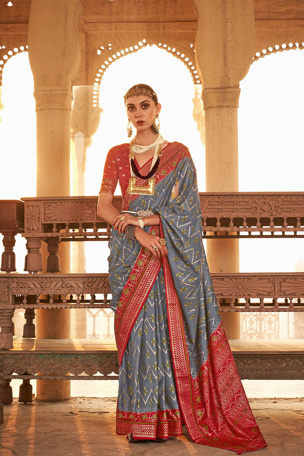Steel Grey & Red Heavy Pallu Patola Saree with Red Pretty Blouse