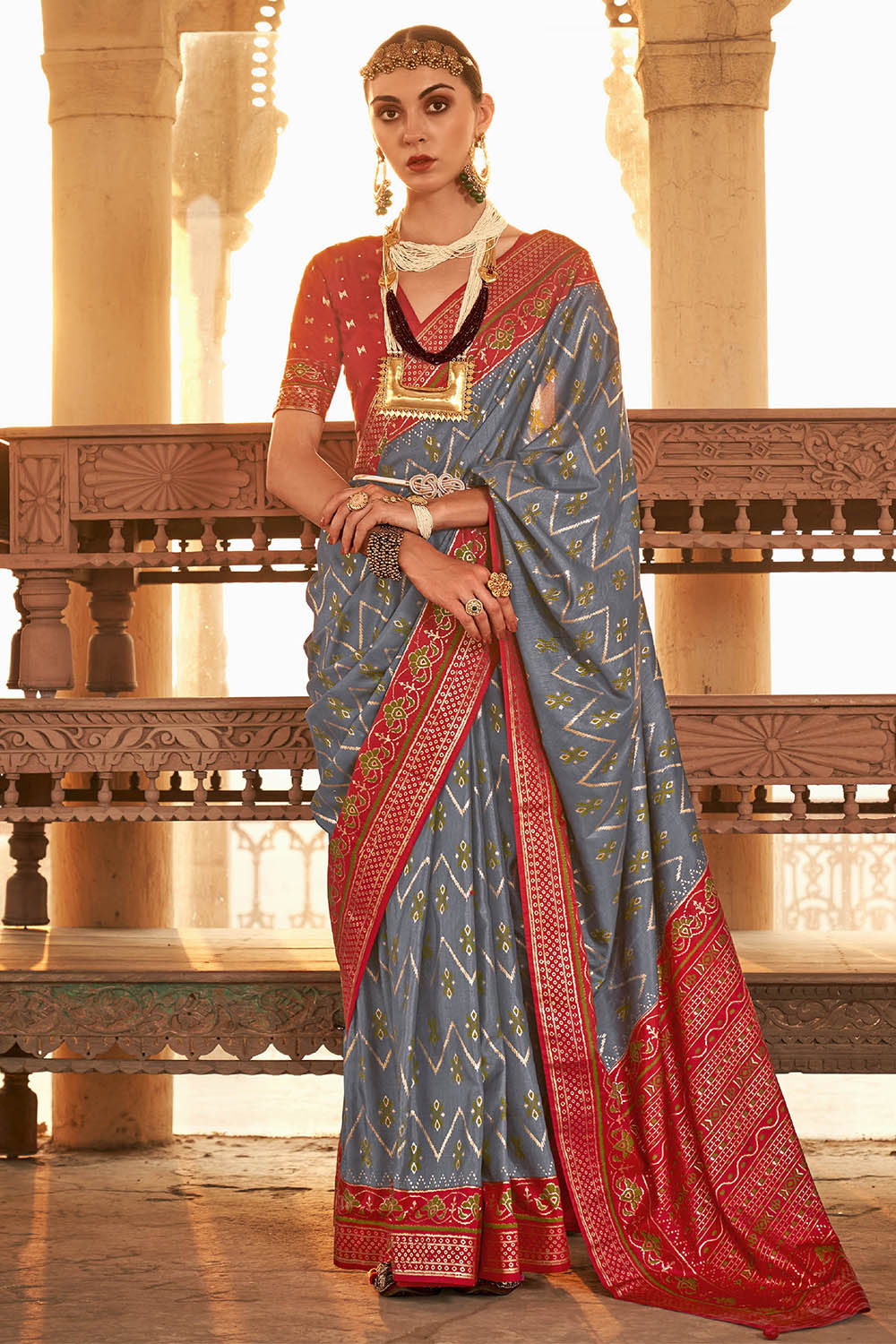 Steel Grey & Red Heavy Pallu Patola Saree with Red Pretty Blouse