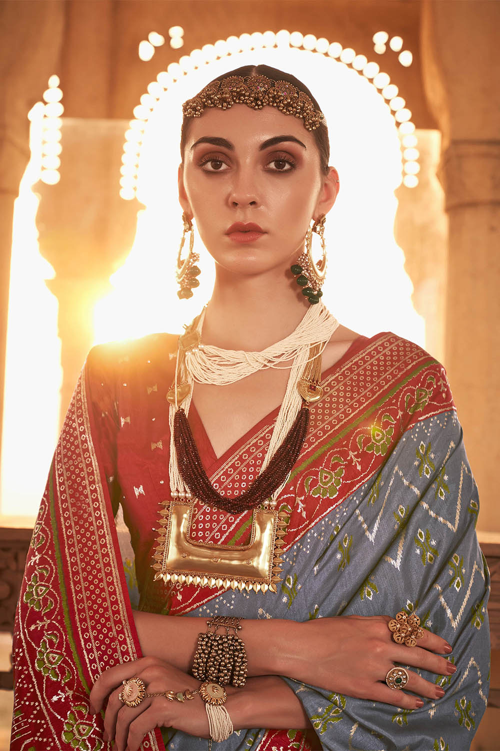 Steel Grey & Red Heavy Pallu Patola Saree with Red Pretty Blouse
