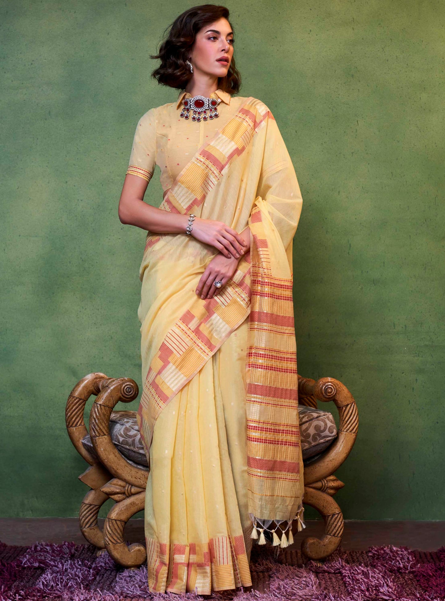 Mellow Yellow Banarasi Silk Saree with Contrast Blouse