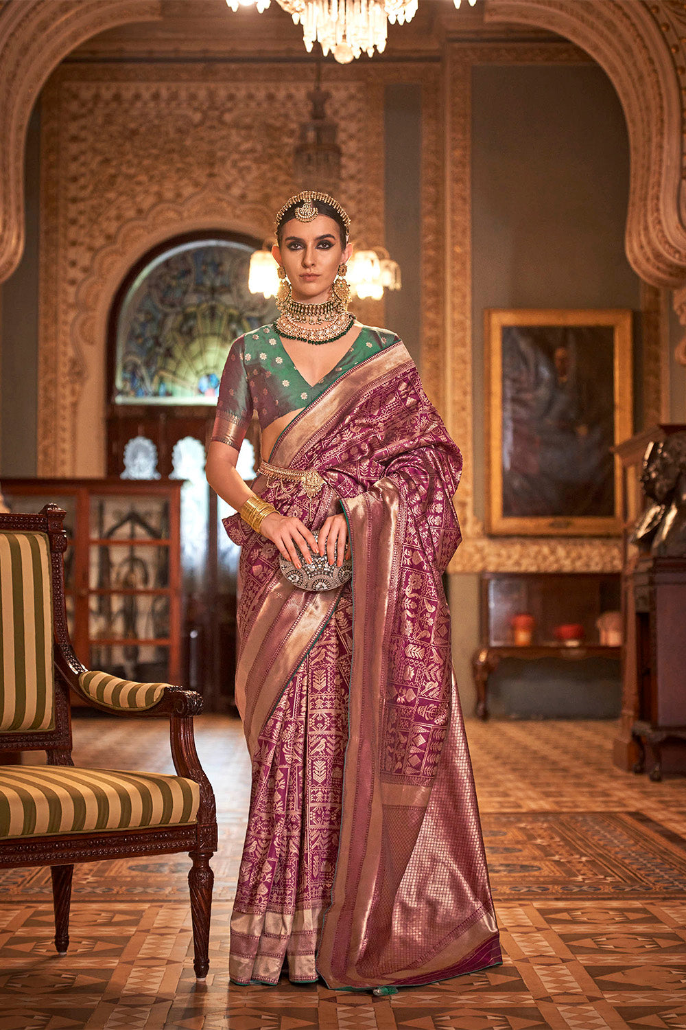 Plum Purple Patola Saree with Jade Green Designer Blouse