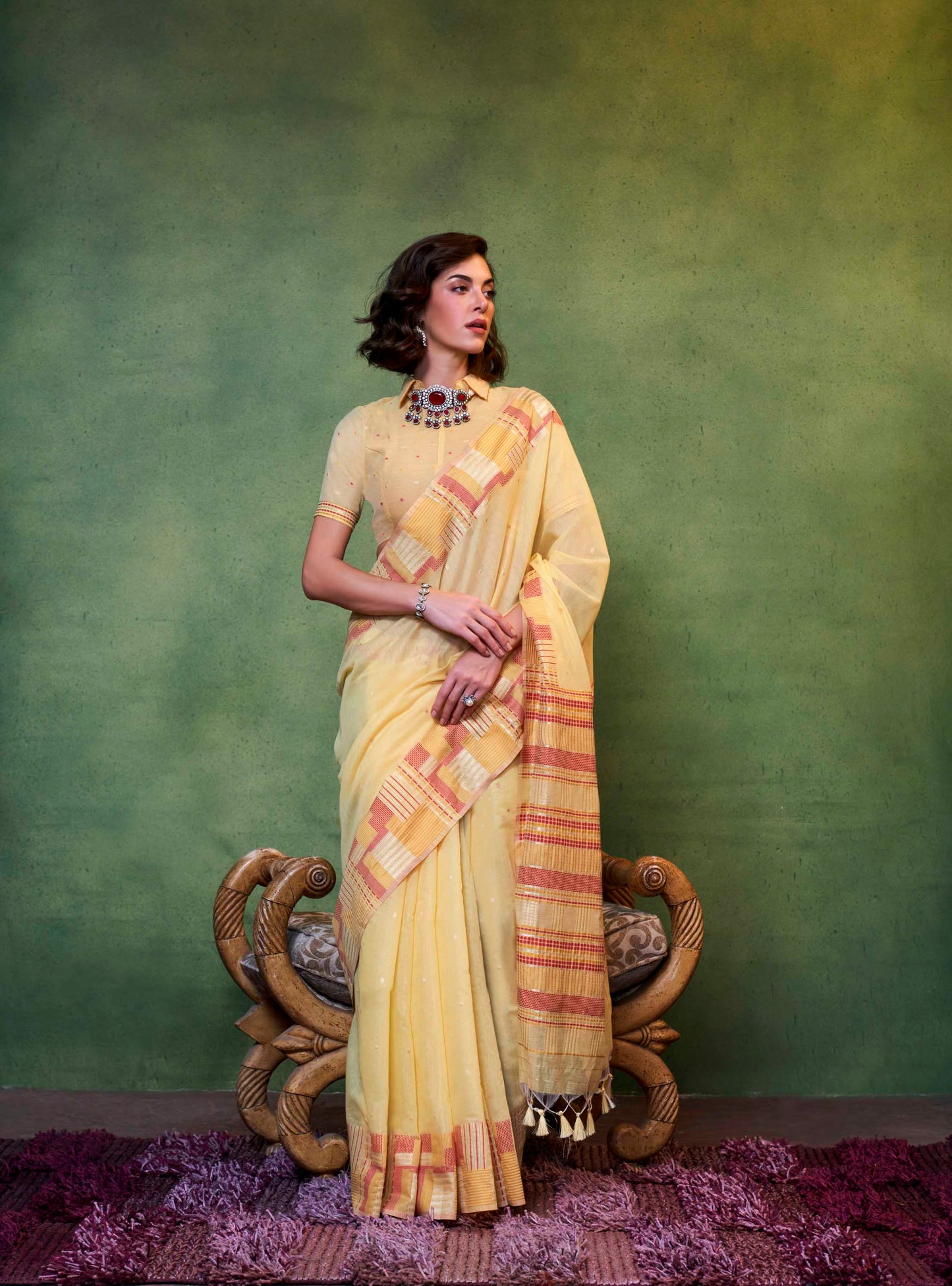 Mellow Yellow Banarasi Silk Saree with Contrast Blouse