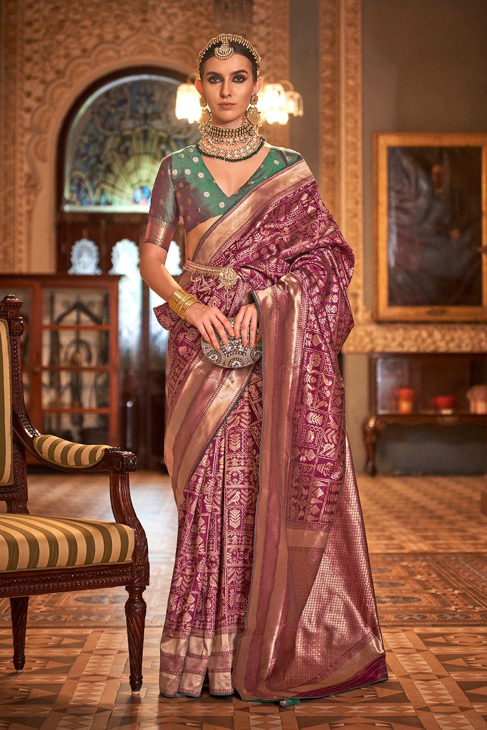 Plum Purple Patola Saree with Jade Green Designer Blouse
