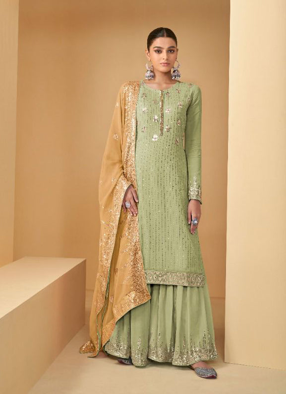Light Green Soft Georgette Sharara Suit Set with Contrast Dupatta