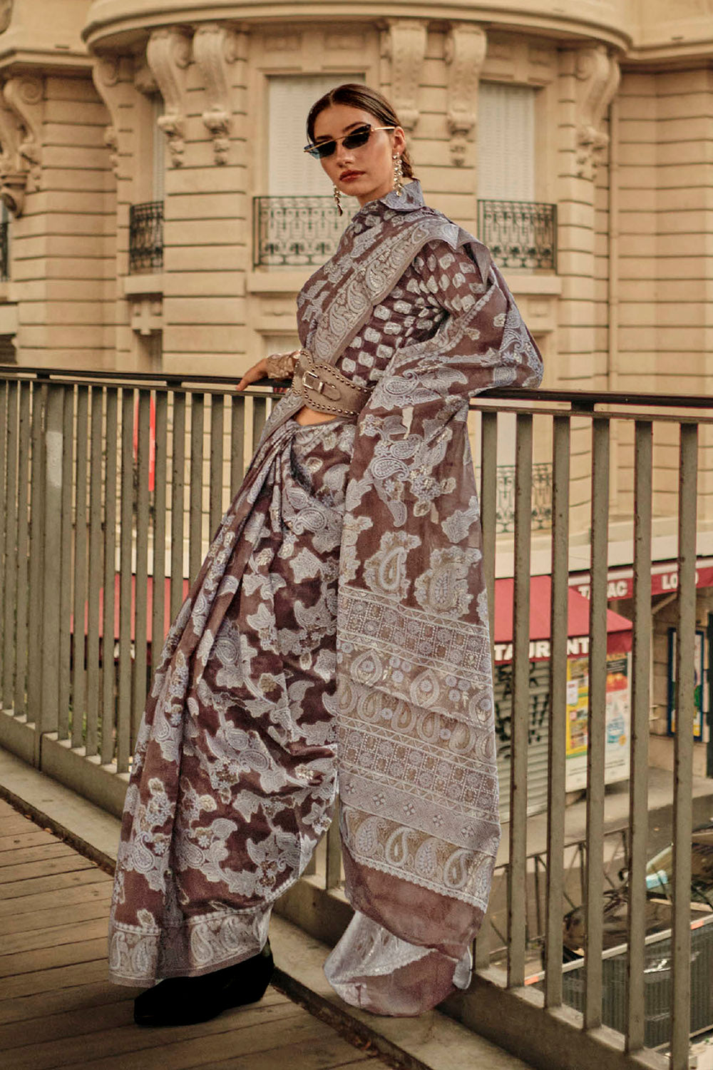 Russet Brown & White Floral Design Lucknowi Chikan Kari Saree with Fancy Blouse