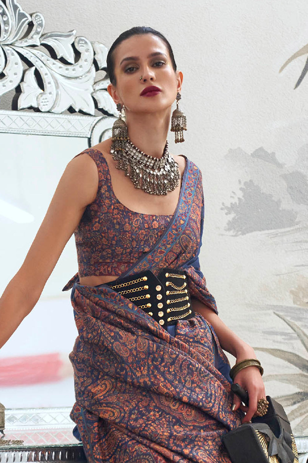 Navy Blue Designer Kashmiri Kani Saree with Same Colored Sleeve Less Blouse