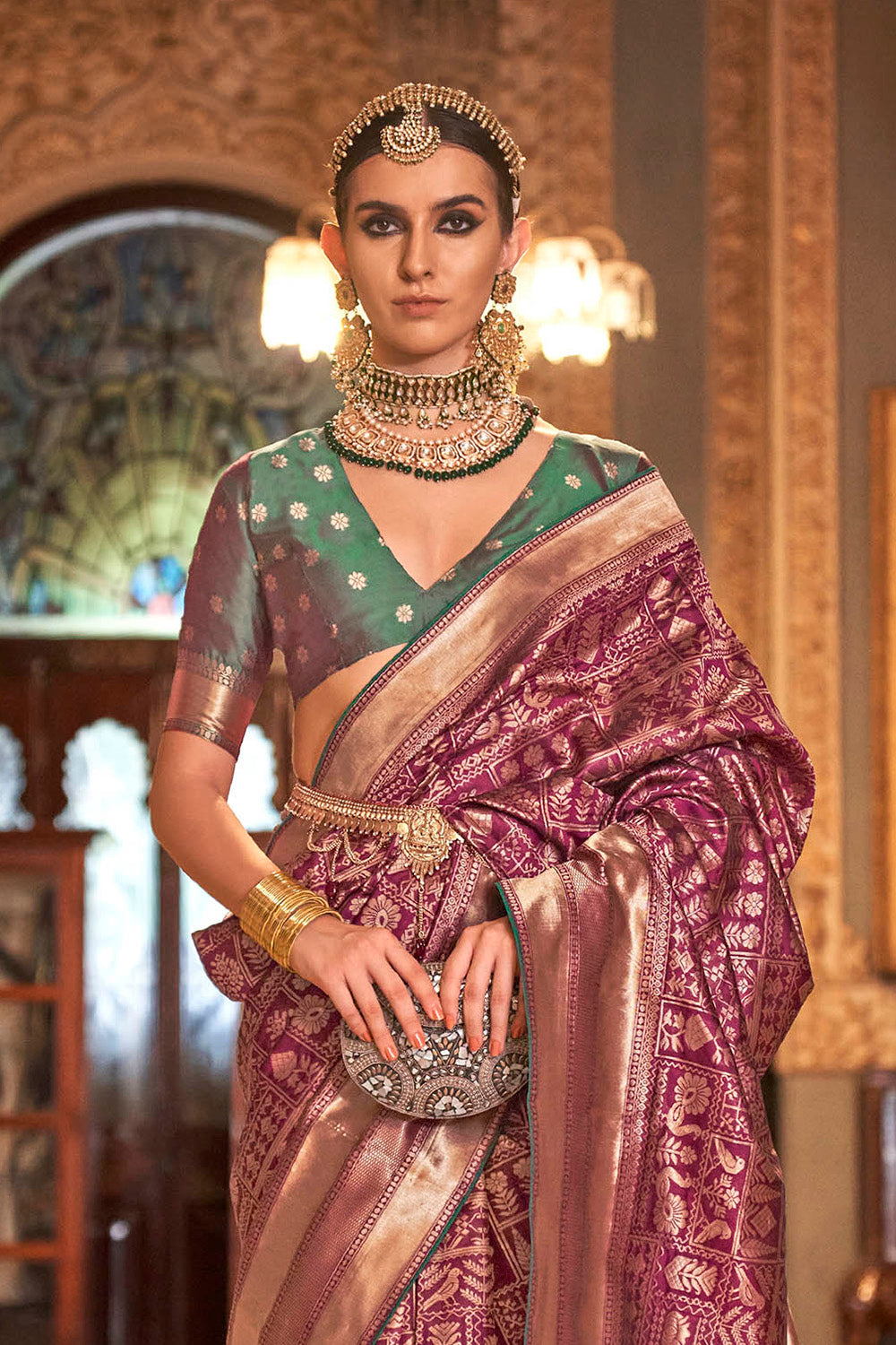 Plum Purple Patola Saree with Jade Green Designer Blouse